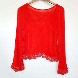 H&M Red Festival Blouse Lace Trim Sz 2